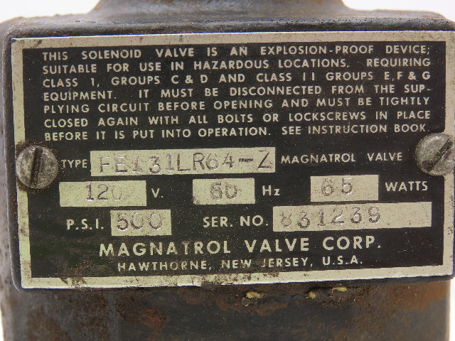 Magnatrol Valve Corp FE131LR64-Z Solenoid Valve 2-Way 500 PSI 1" NPT NO 120V