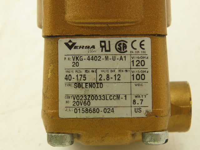 Versa VKG-4402-M-U-A1 Solenoid Valve Pneumatic 4-Way 40-175 PSI 120V