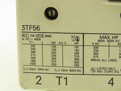 Siemens 3TF56 Motor Starter Contactor  400A-600VAC Max Size 5 120V Coil