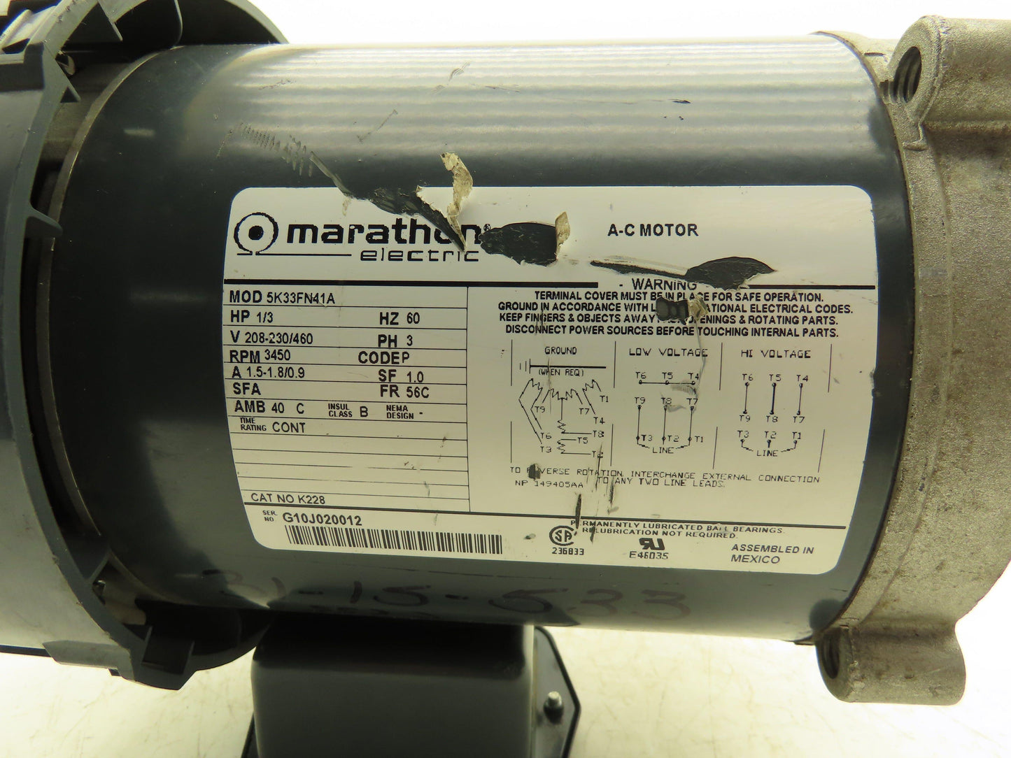 Marathon Electric 5K33FN41A AC Motor 1/3Hp 3500 RPM 230/460V 3PH 56C