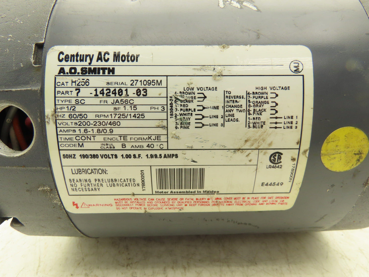 A.O Smith Century H256 AC Motor 1/2Hp 1750 RPM 200-230/460V 3PH JA56C TE