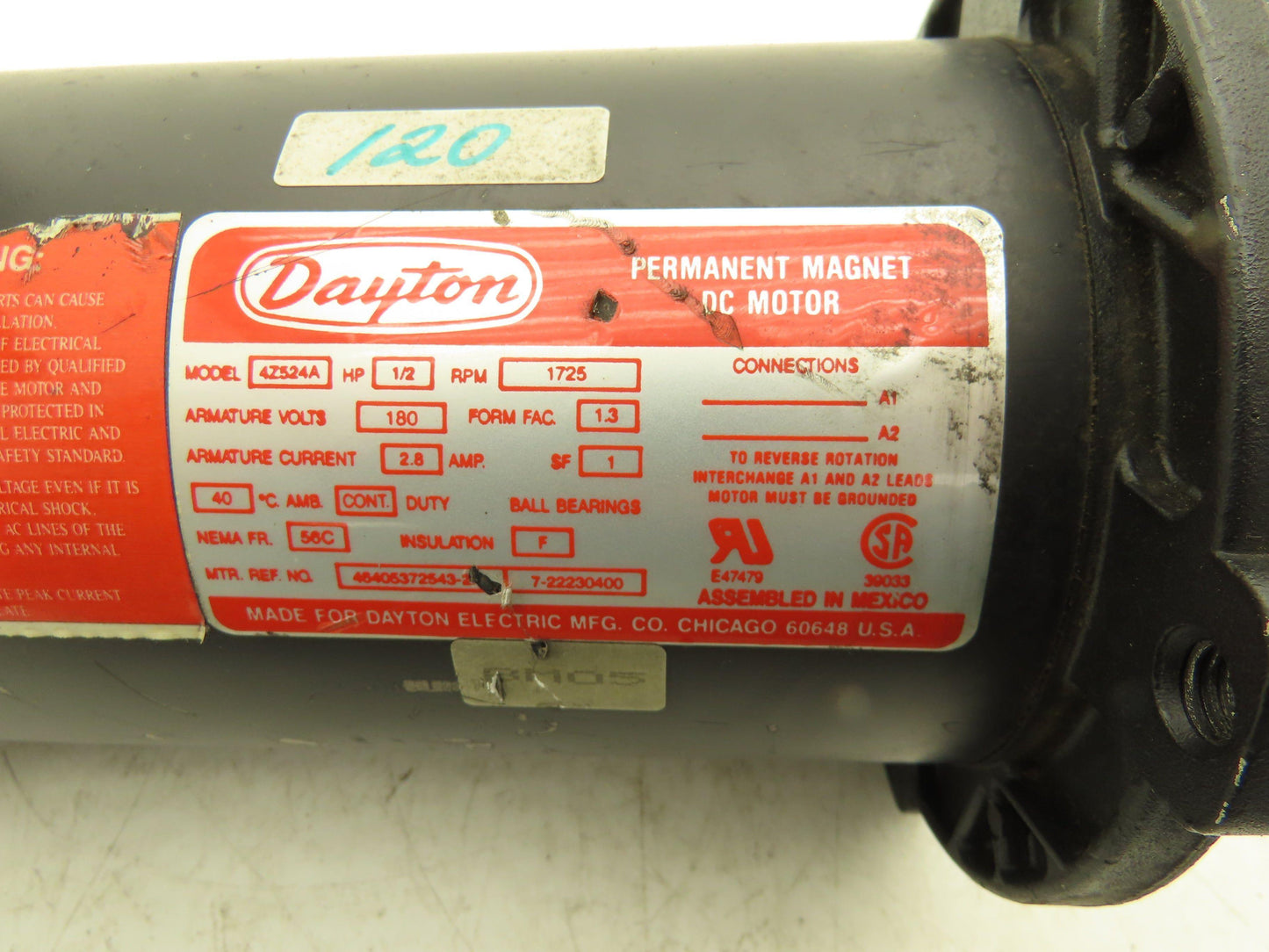 Dayton 4Z524A Permanent Magnet DC Motor 1/2Hp 2.8A 1750 RPM 180V 56C