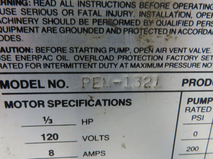 Enerpac PEM1321 Hydraulic Pump 10000psi 1/3Hp 115V Oil Flow 13in³/Min
