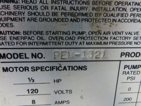 Enerpac PEM1321 Hydraulic Pump 10000psi 1/3Hp 115V Oil Flow 13in³/Min