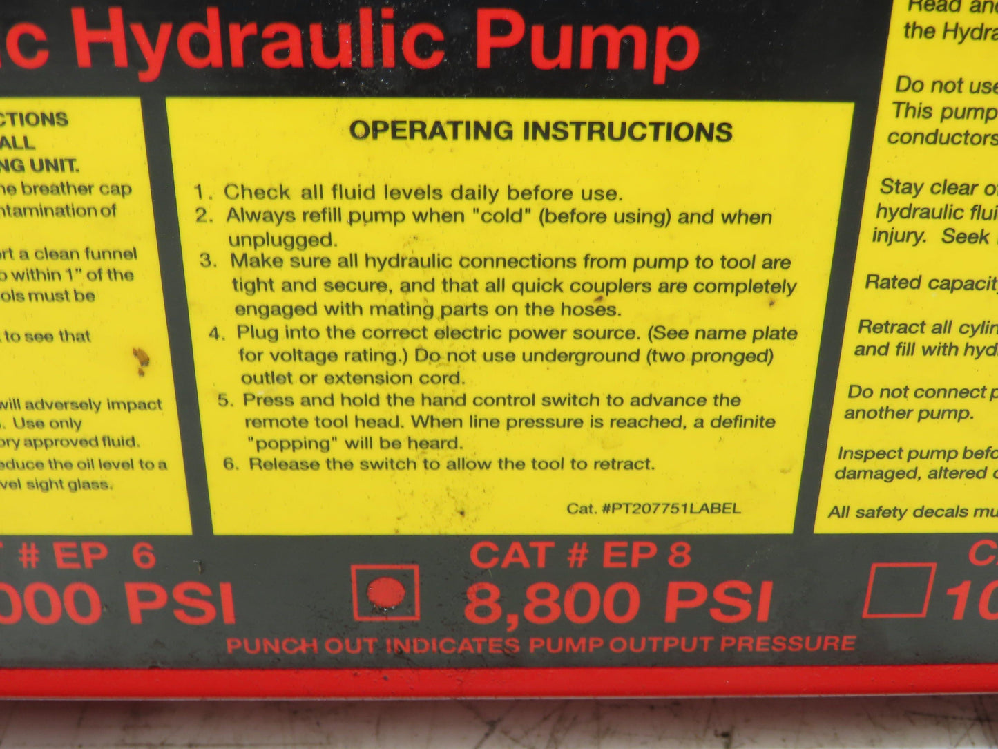 Burndy EP 8 Hydraulic Pump 8800psi 1/2hp 115V 1ph