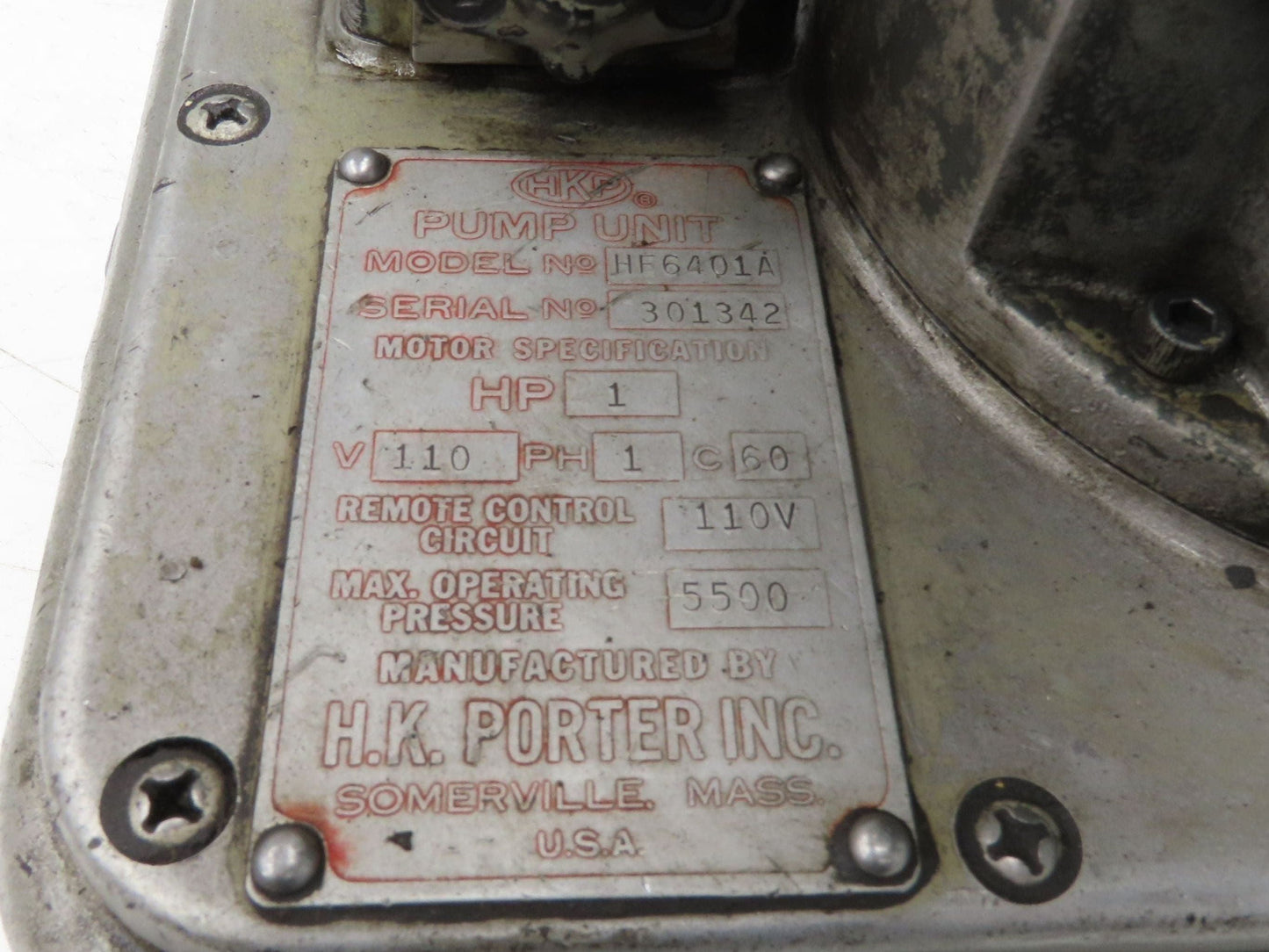 HK Porter HE 6401A Vintage Hydraulic Pump 1 Hp 5500psi 110V 1ph On Casters