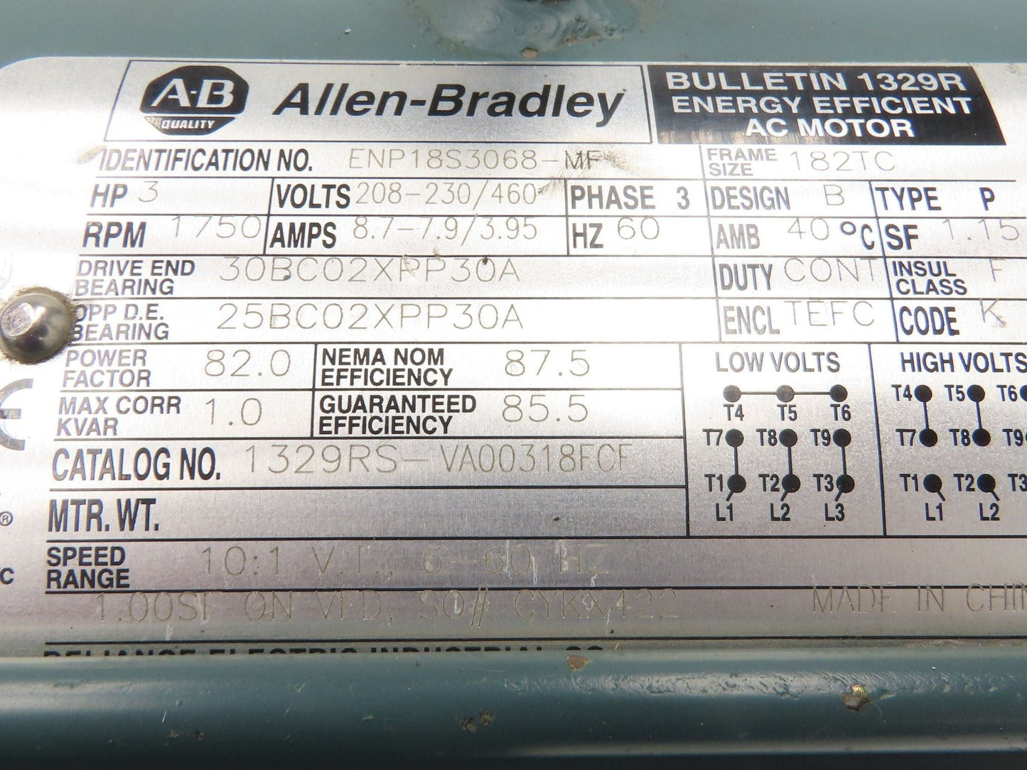 Allen Bradley ENP18S3068-MF AC Motor 3Hp 1750rpm 208-230/460v 3Ph 182TC TEFC