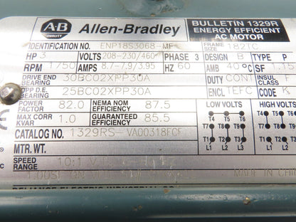 Allen Bradley ENP18S3068-MF AC Motor 3Hp 1750rpm 208-230/460v 3Ph 182TC TEFC