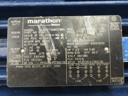 Marathon Electric E501 Severe Duty AC Motor 10Hp 1176rpm 230/460v 3ph 256T EPFC