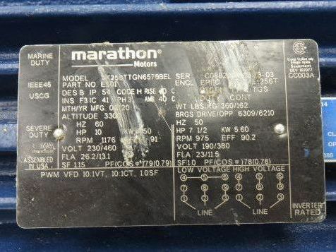 Marathon Electric E501 Severe Duty AC Motor 10Hp 1176rpm 230/460v 3ph 256T EPFC
