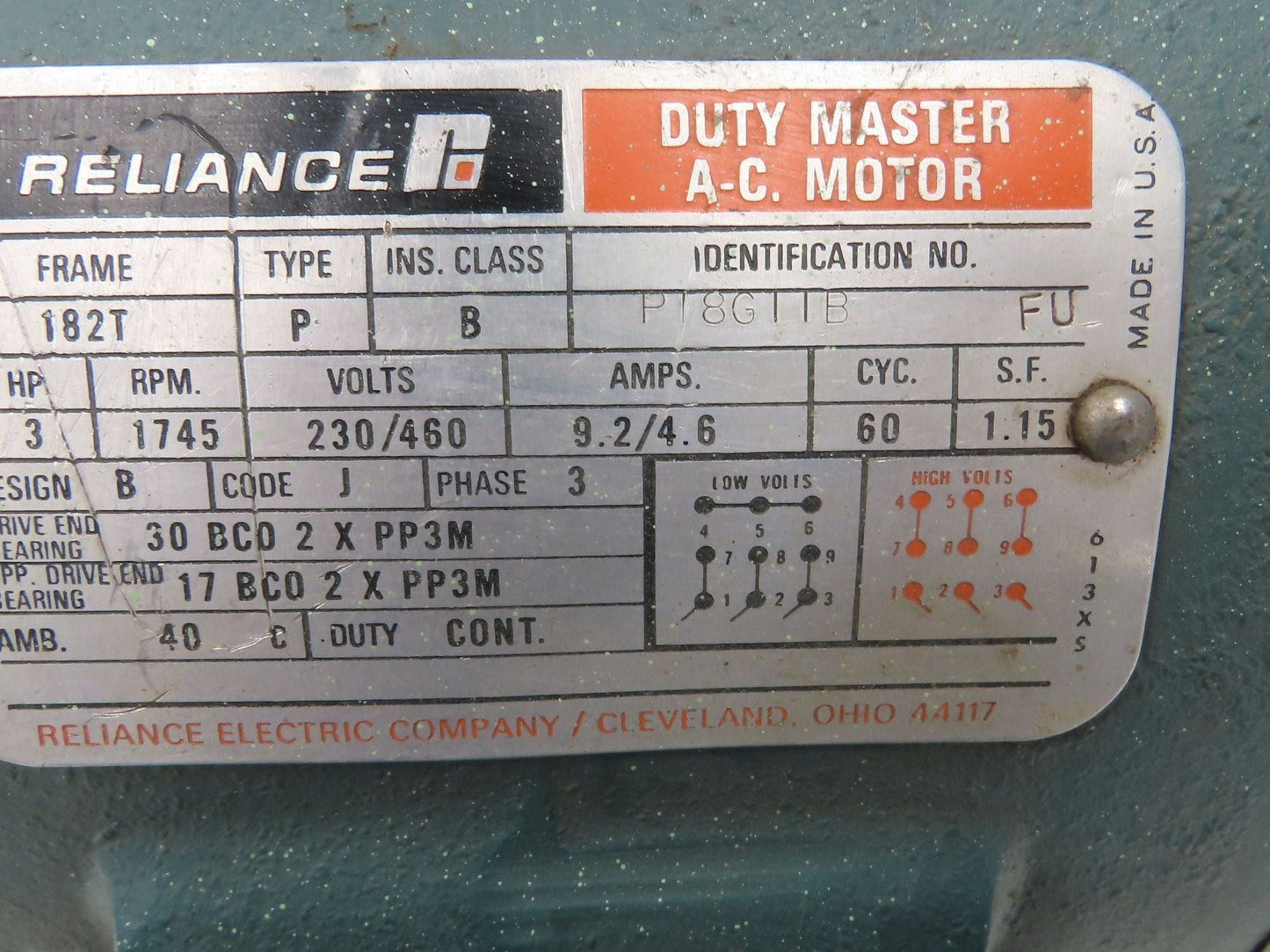 Reliance Electric P18G11B AC Motor 3Hp 1750rpm 230/460v 3Ph 182T 9.2/4.6A 1.15SF