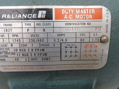 Reliance Electric P18G11B AC Motor 3Hp 1750rpm 230/460v 3Ph 182T 9.2/4.6A 1.15SF