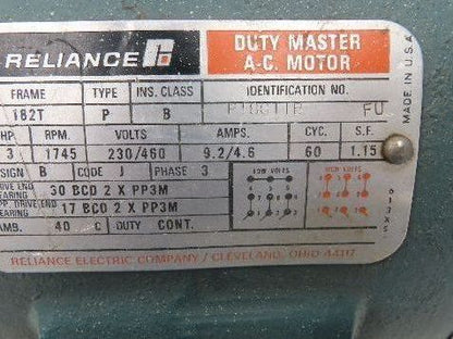 Reliance Electric P18G11B AC Motor 3Hp 1750rpm 230/460v 3Ph 182T 9.2/4.6A 1.15SF