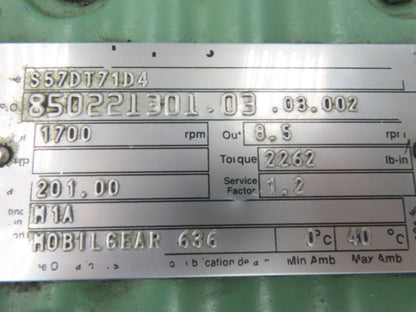 SEW Eurodrive S57DT71D4 200:1 Gearmotor 1/2Hp 230/460V 3PH 8.5rpm LH 2262 in-lb
