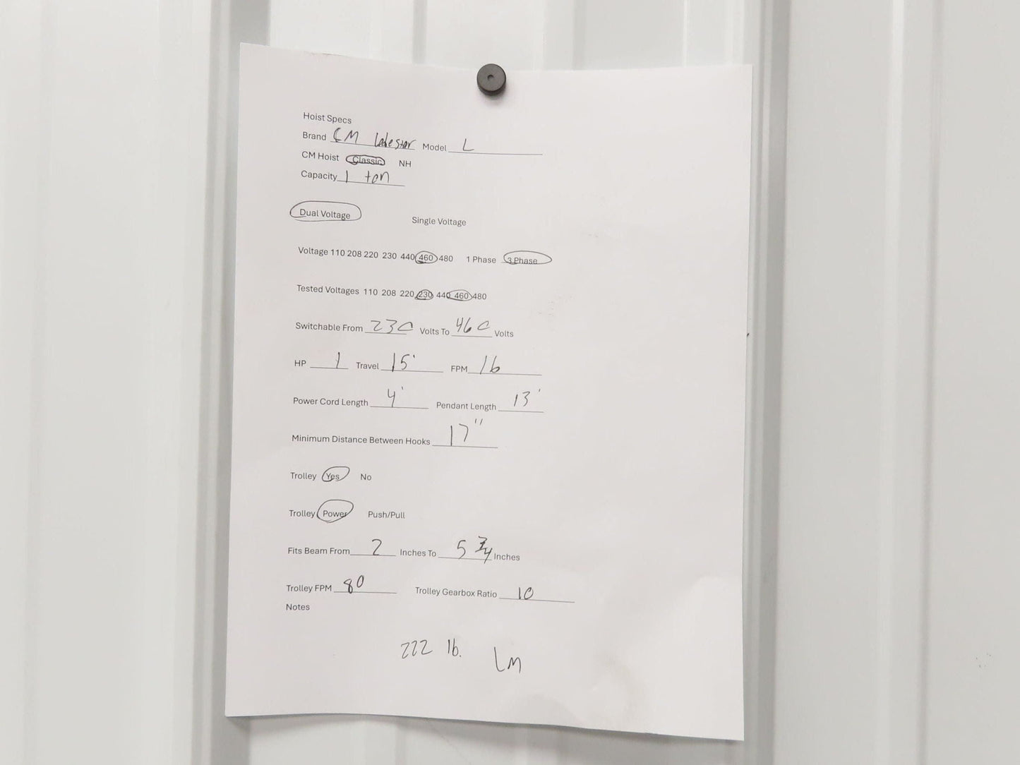 CM Lodestar L 1 Ton Electric Chain Hoist 16 FPM 15' Lift 635 Power Trolley 3PH