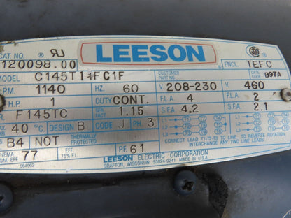 Leeson C145T11FC1F AC Gearmotor 4.75:1 Hub City Reducer 239rpm 1Hp 230/460v LH