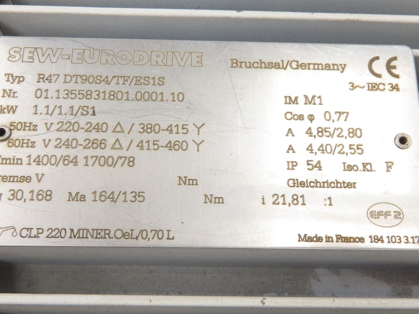 Sew Eurodrive R47DT90S4TFES1S Gearmotor 1.1kW 240/460v 3ph 21.81:1 Reducer 78rpm