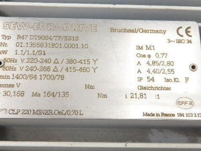 Sew Eurodrive R47DT90S4TFES1S Gearmotor 1.1kW 240/460v 3ph 21.81:1 Reducer 78rpm