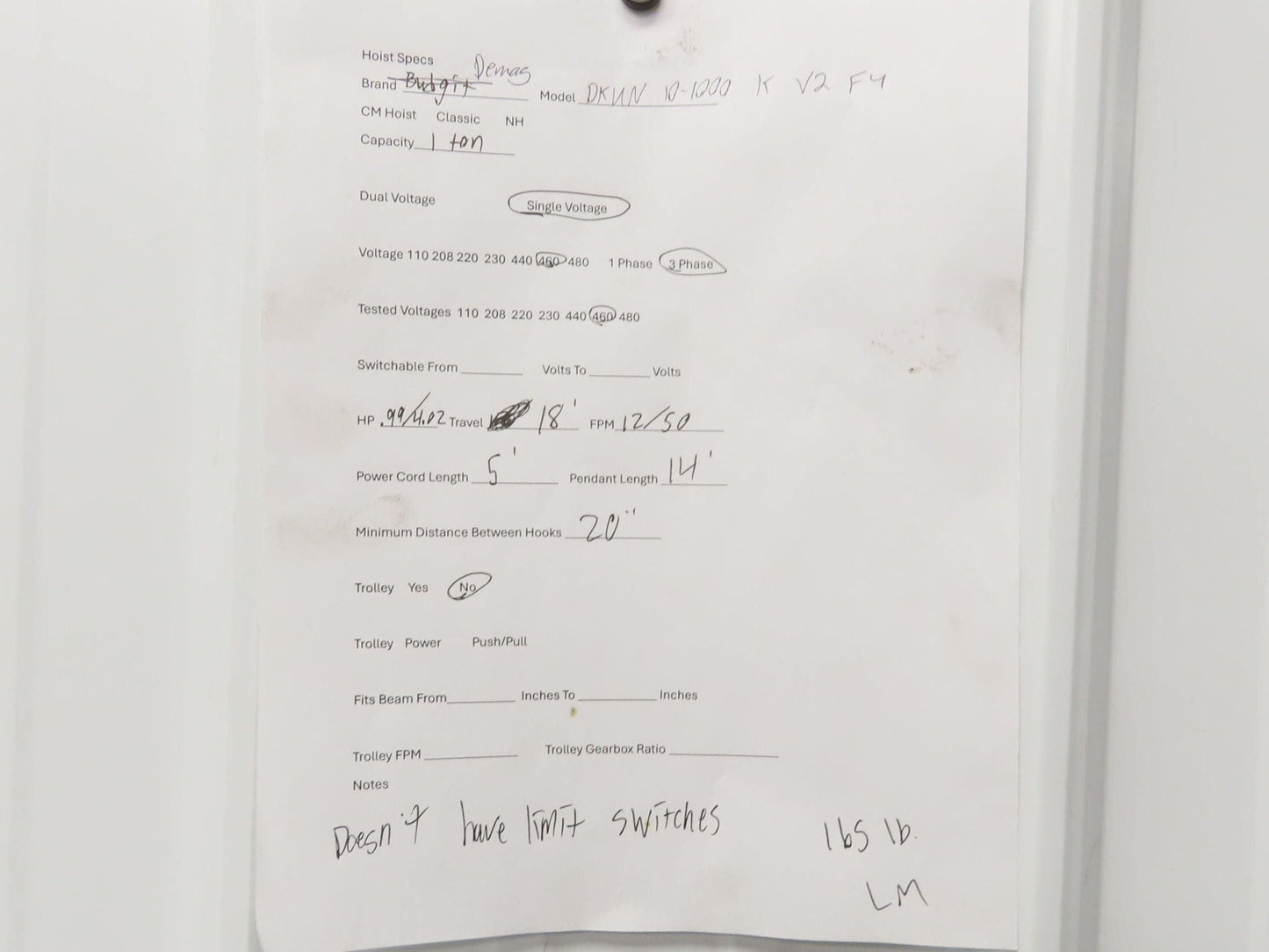 Demag DKUN 10-1000 2200 Lb 1 Ton Electric Chain Hoist 18' Lift 12/50 FPM 2 Speed