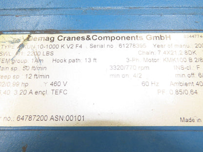 Demag DKUN 10-1000 2200 Lb 1 Ton Electric Chain Hoist 18' Lift 12/50 FPM 2 Speed