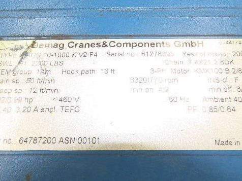 Demag DKUN 10-1000 2200 Lb 1 Ton Electric Chain Hoist 18' Lift 12/50 FPM 2 Speed