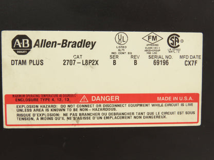 Allen Bradley 2707-L8P2X DTAM Plus HMI Control Panel Ser B Rev B