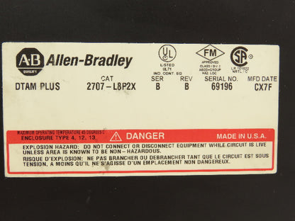 Allen Bradley 2707-L8P2X DTAM Plus HMI Control Panel Ser B Rev B