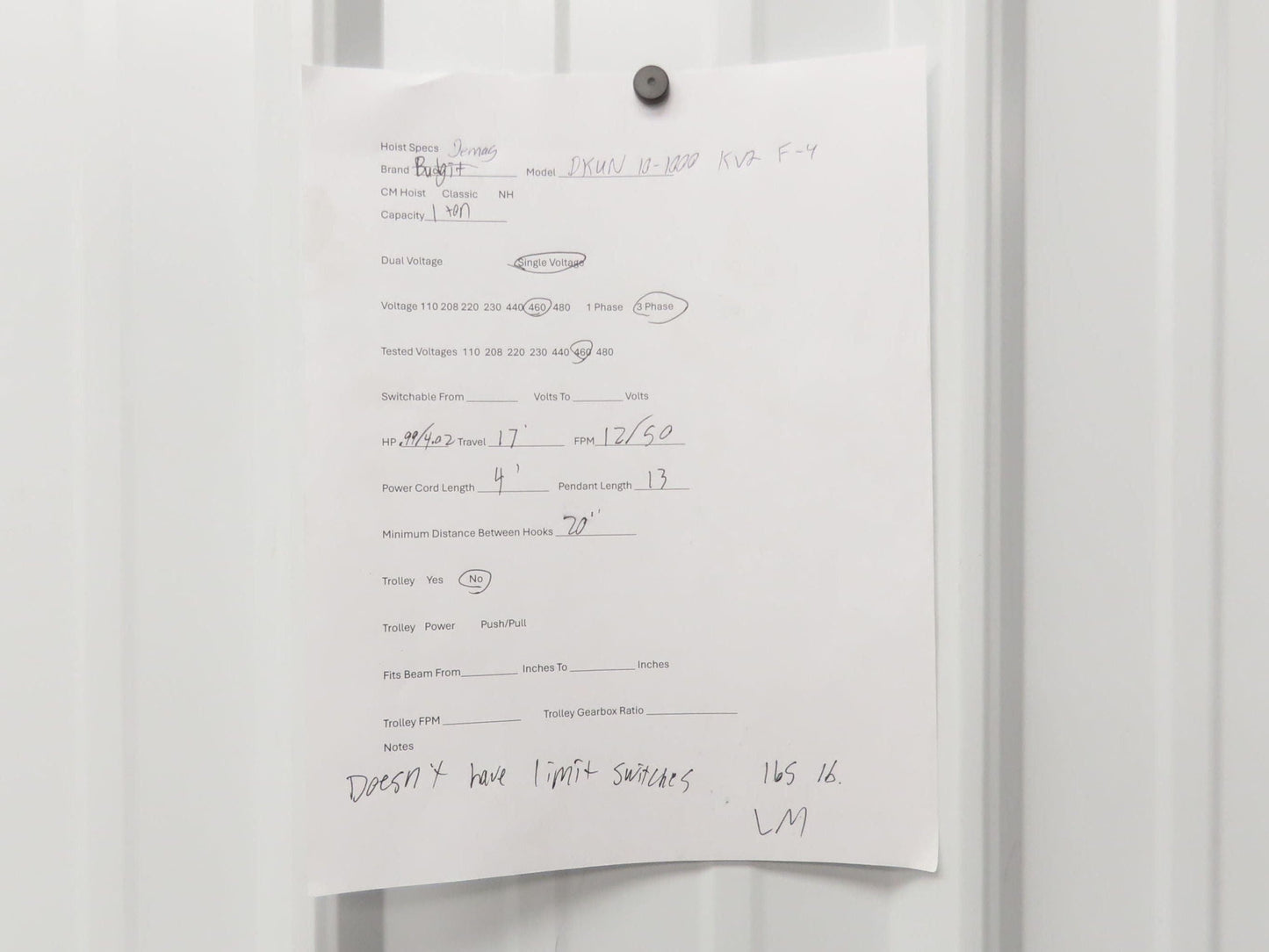 Demag DKUN 10-1000 2200 LB 1 Ton Electric Chain Hoist 17' Lift 12/50 FPM 460V