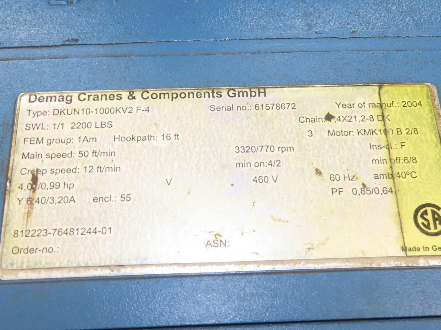 Demag DKUN 10-1000 2200 LB 1 Ton Electric Chain Hoist 17' Lift 12/50 FPM 460V