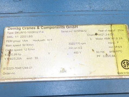 Demag DKUN 10-1000 2200 LB 1 Ton Electric Chain Hoist 17' Lift 12/50 FPM 460V