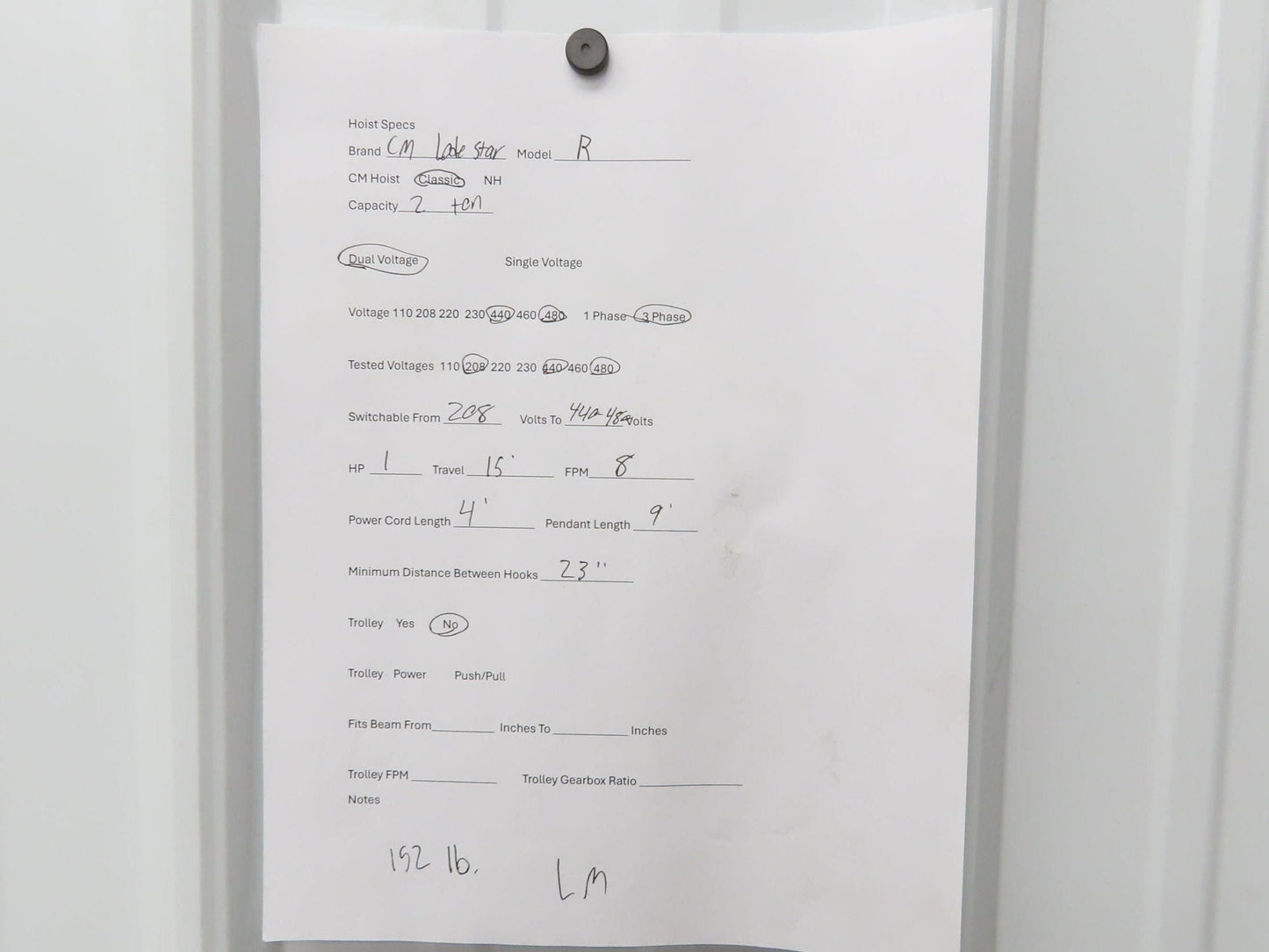 CM Lodestar R 2 Ton Electric Chain Hoist 15' Lift 8 FPM 230/460 Volt 3PH Tested
