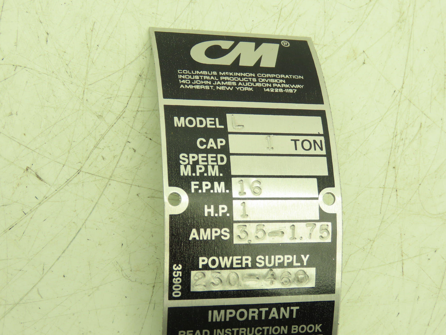 CM Lodestar L 1 Ton Electric Chain Hoist 20' Lift 16 FPM 635 Power Trolley 3PH