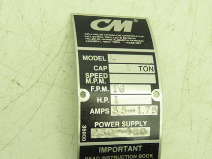 CM Lodestar L 1 Ton Electric Chain Hoist 20' Lift 16 FPM 635 Power Trolley 3PH