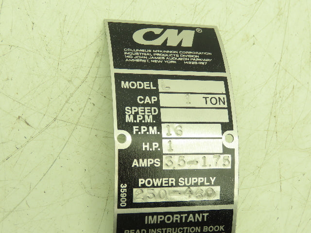 CM Lodestar L 1 Ton Electric Chain Hoist 20' Lift 16 FPM 635 Power Trolley 3PH