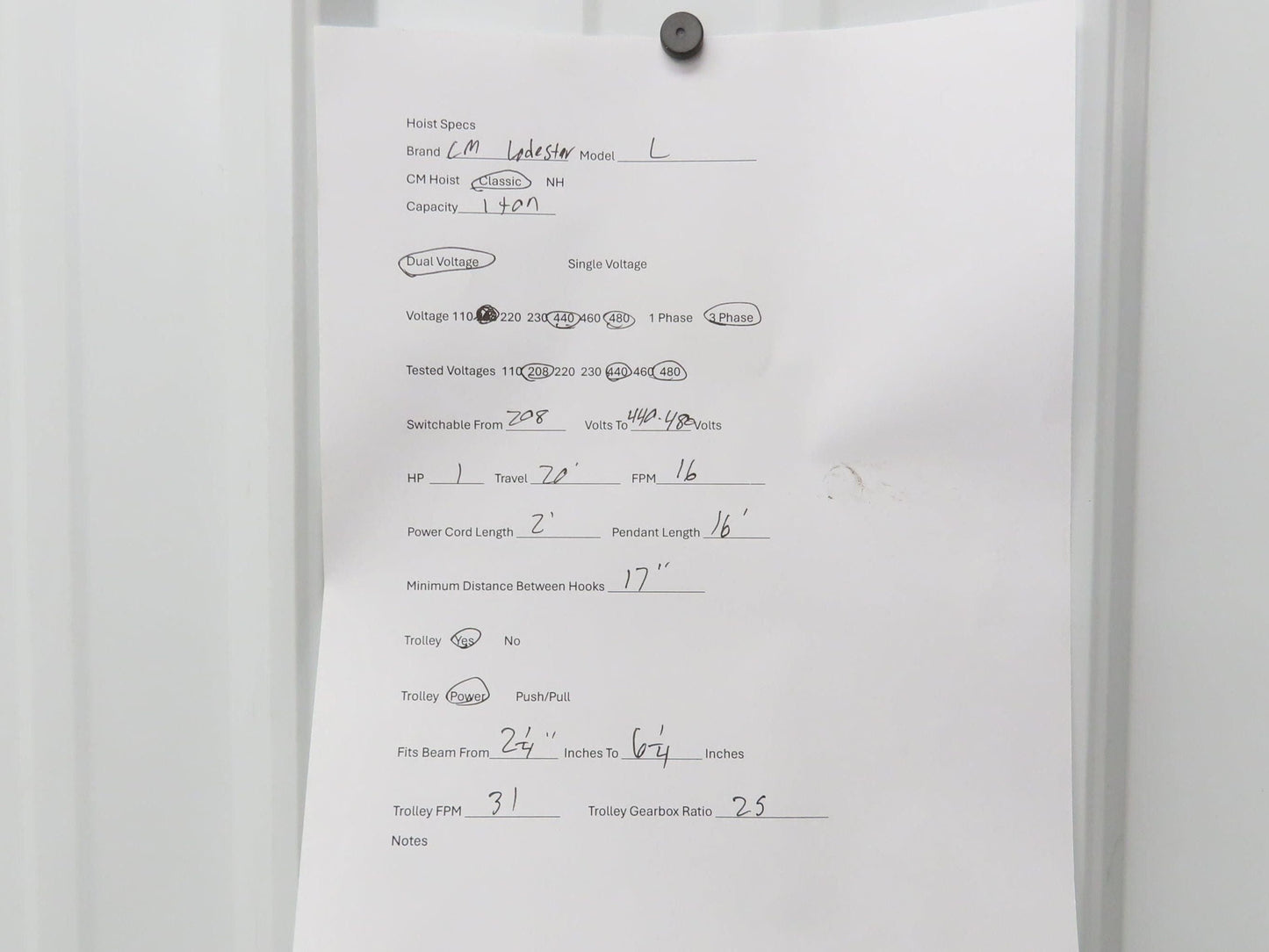 CM Lodestar L 1 Ton Electric Chain Hoist 20' Lift 16 FPM 635 Power Trolley 3PH