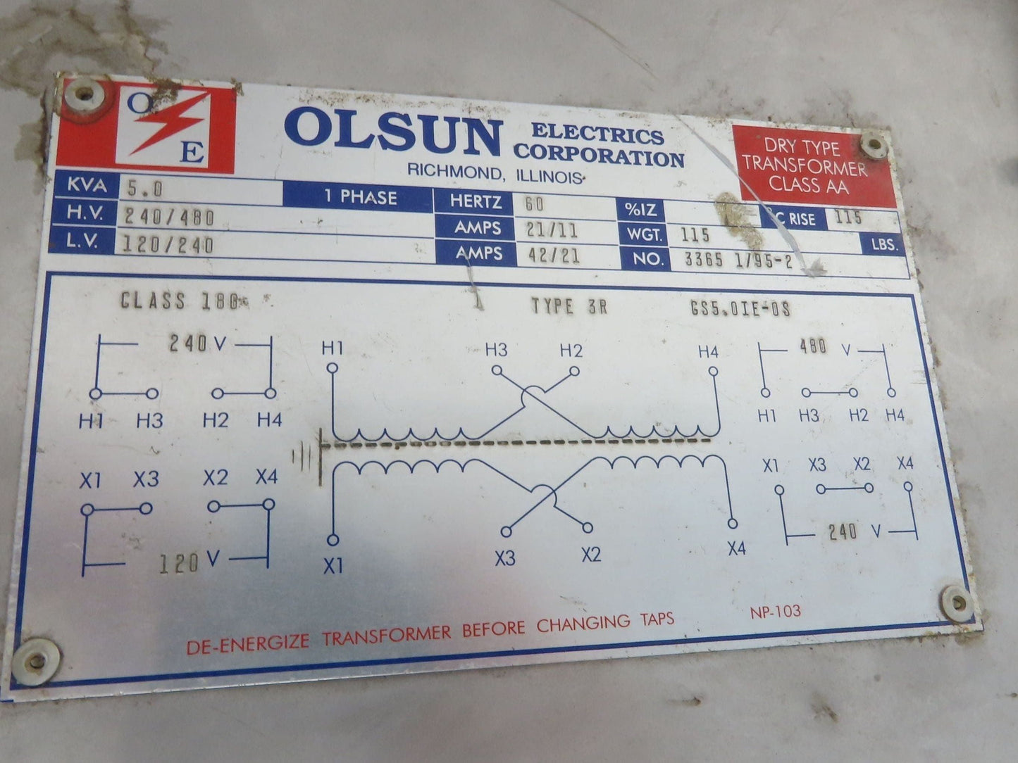 Olsun NP-103 Stepdown Power Transformer 5.0kVA 1Ph HV 480/240 LV 240/120 Type 3R