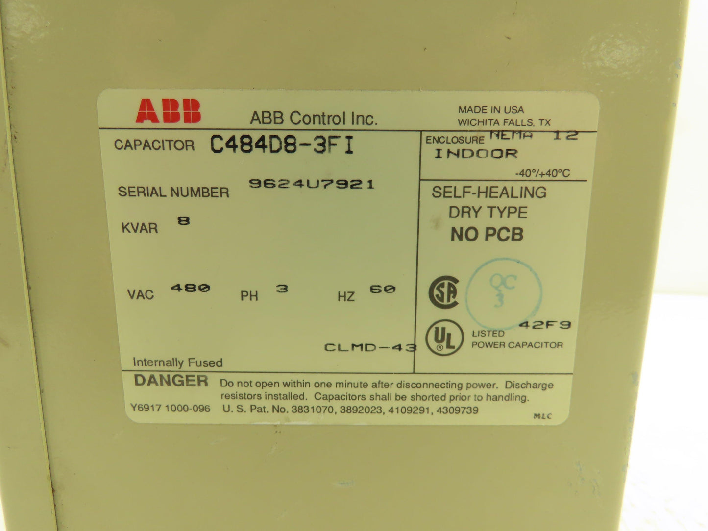 ABB C484D8-3FI Enclosed Indoor Capacitor 8 Kvar 480V 3PH NEMA 12 Dry Type