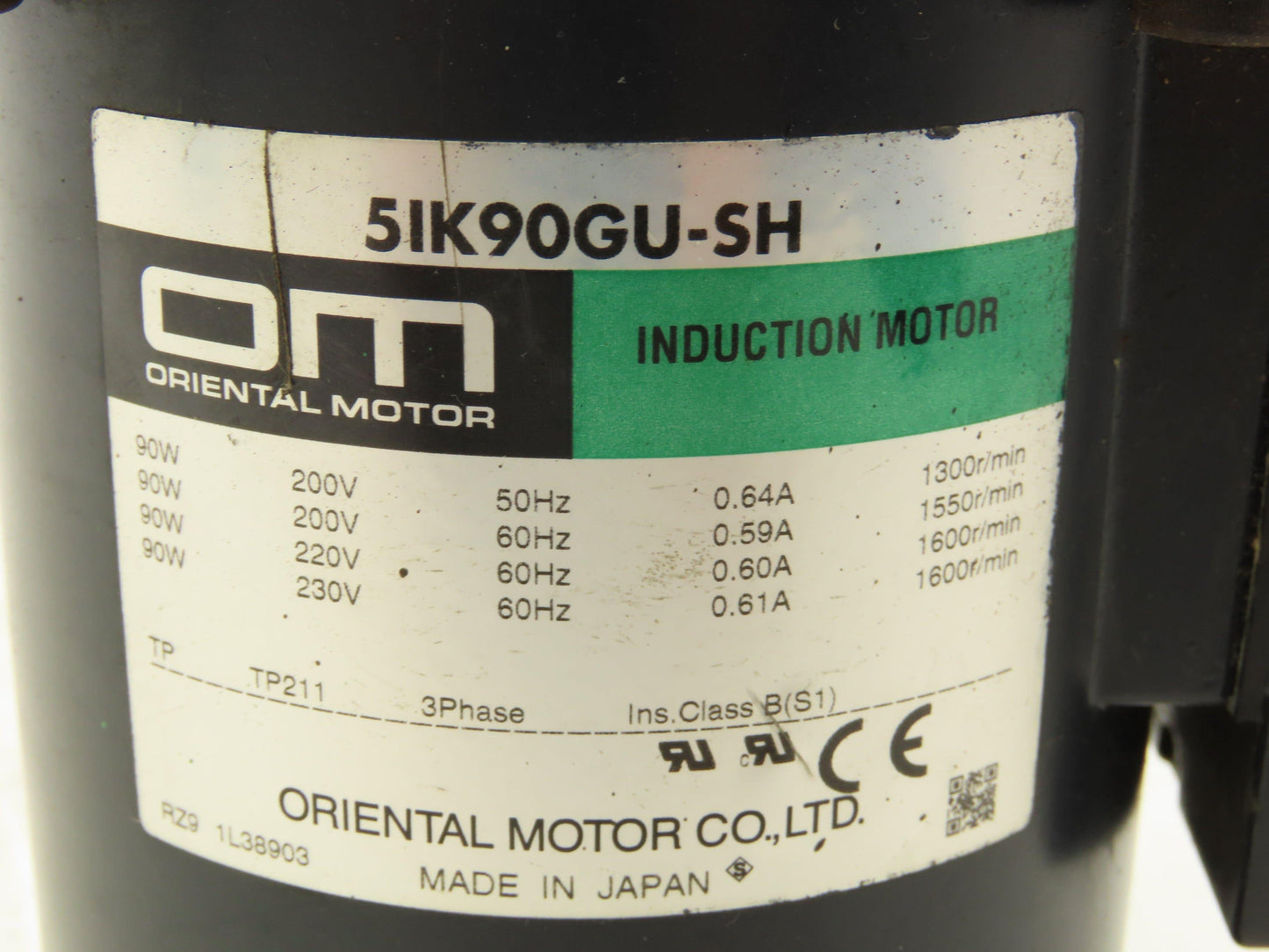 Oriental 5IK90GU-SH / 5GU15RH Gearmotor 15:1 Reducer 120rpm 1/8Hp 230v 3ph RH