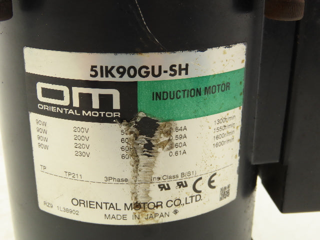 Oriental 5IK90GU-SH / 5GU15RH Gearmotor 15:1 Reducer 120rpm 1/8Hp 230v 3ph LH
