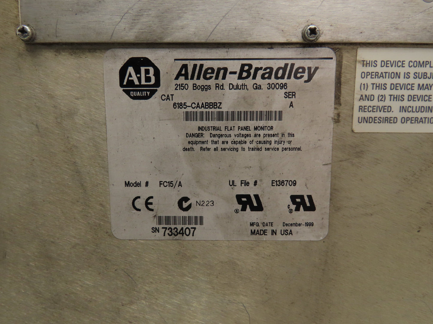 Allen Bradley 6185-CAABBBZ A HMI Control Panel SER A 100-240V FC15/A