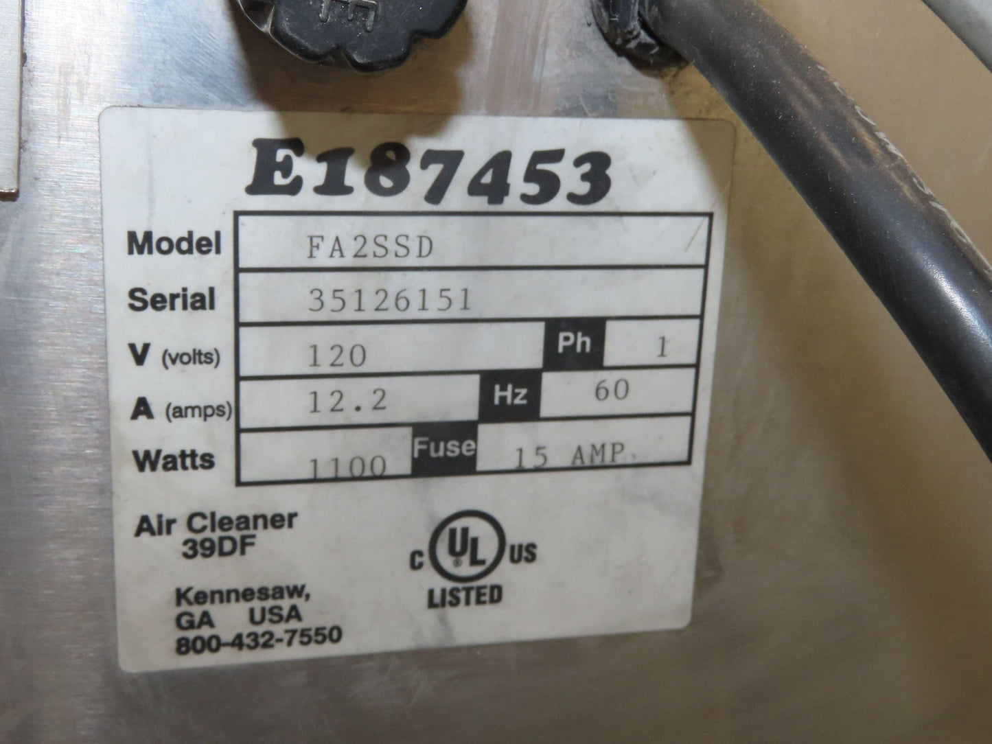 Fumex FA2SSD Dust Collector High Efficiency Air Cleaner Fume Extractor 120V 12A