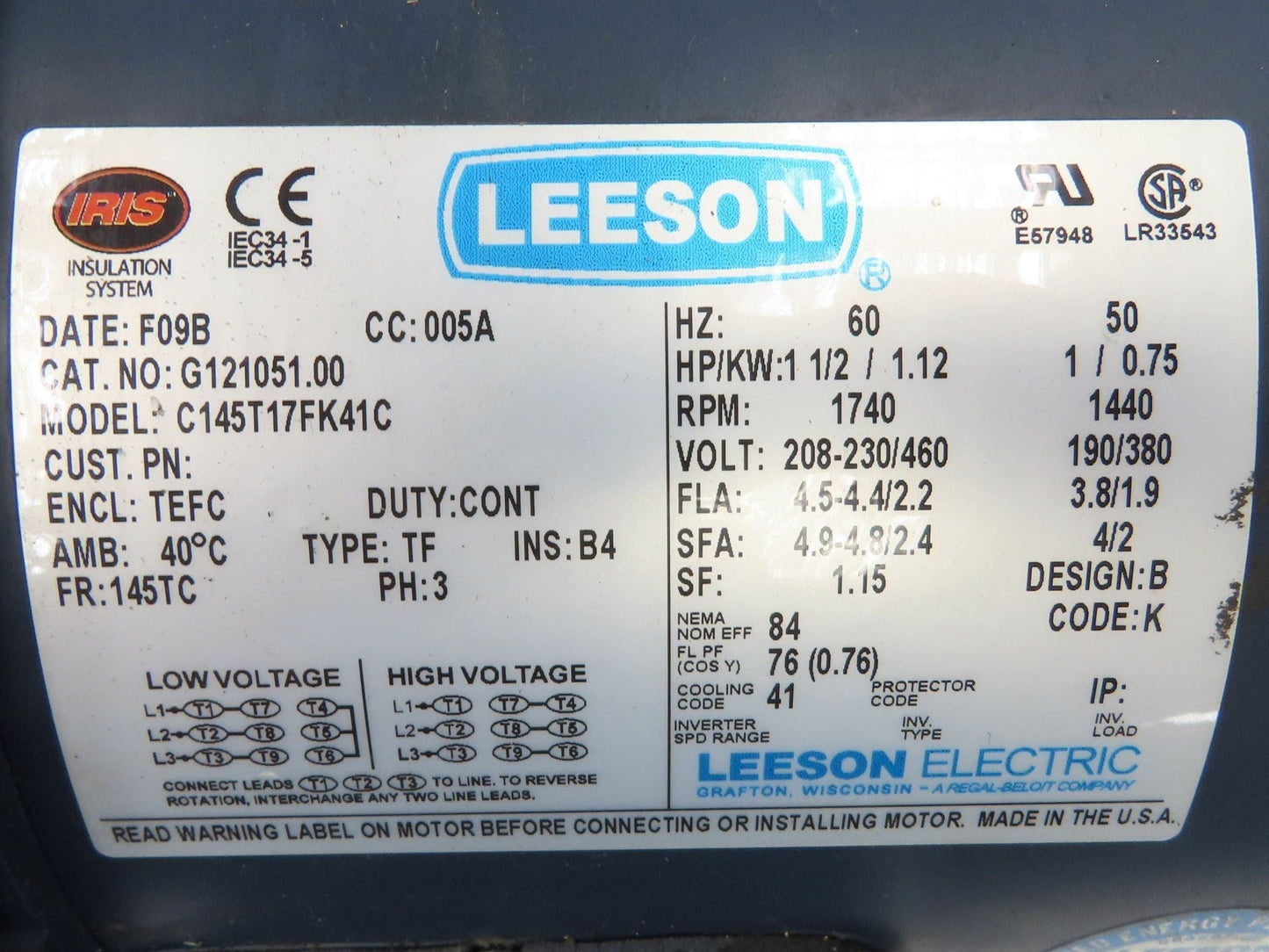 Leeson G121051.00 Brake Gear Motor 1.5Hp 230/460V 3PH Ironman 40:1 Reducer 44rpm