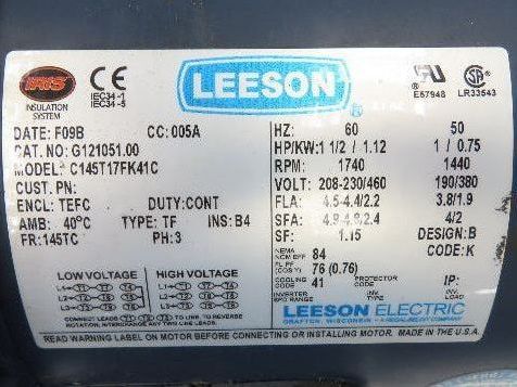 Leeson G121051.00 Brake Gear Motor 1.5Hp 230/460V 3PH Ironman 40:1 Reducer 44rpm