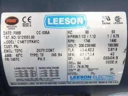 Leeson G121051.00 Brake Gear Motor 1.5Hp 230/460V 3PH Ironman 40:1 Reducer 44rpm