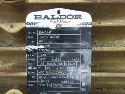 Baldor EM4314T Super-E AC Motor 60Hp 1750 RPM 138A 230/460V 3PH 364T Frame TEFC