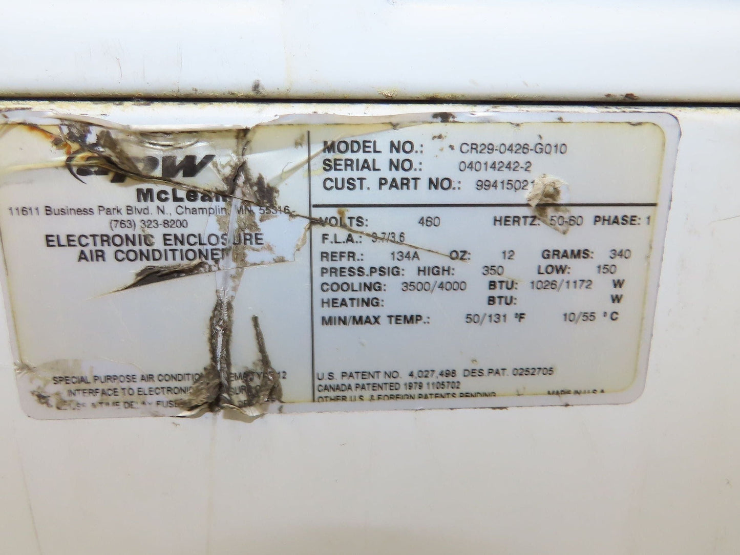 McLean CR29-0426-G010 Electrical Enclosure Air Conditioner 3500/4000 BTU 460V 3A