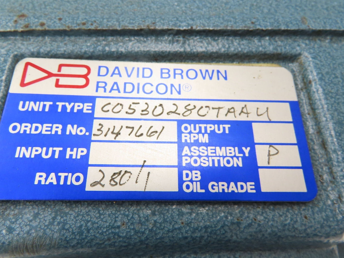 David Brown Radicon 3147661 Helical Gearbox 280:1 Double Reduction 6.25rpm