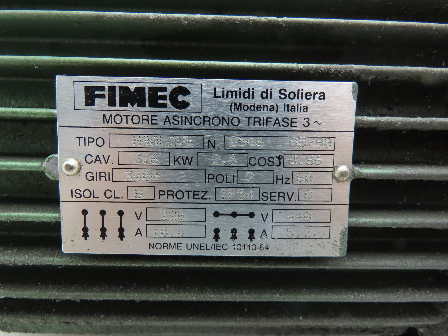 Fimec H90L2VE Metric AC Motor 2.6kW 3400 RPM 230/460V 3PH IEC 90 Frame