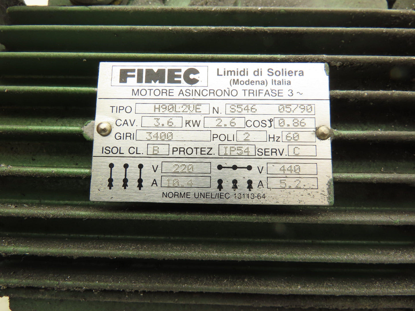 Fimec H90L2VE Metric AC Motor 2.6kW 3400 RPM 230/460V 3PH IEC 90 Frame