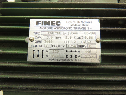 Fimec H90L2VE Metric AC Motor 2.6kW 3400 RPM 230/460V 3PH IEC 90 Frame